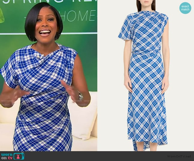 Proenza Schouler Hallie ruched checked twill midi dress worn by Tamron Hall on Tamron Hall Show