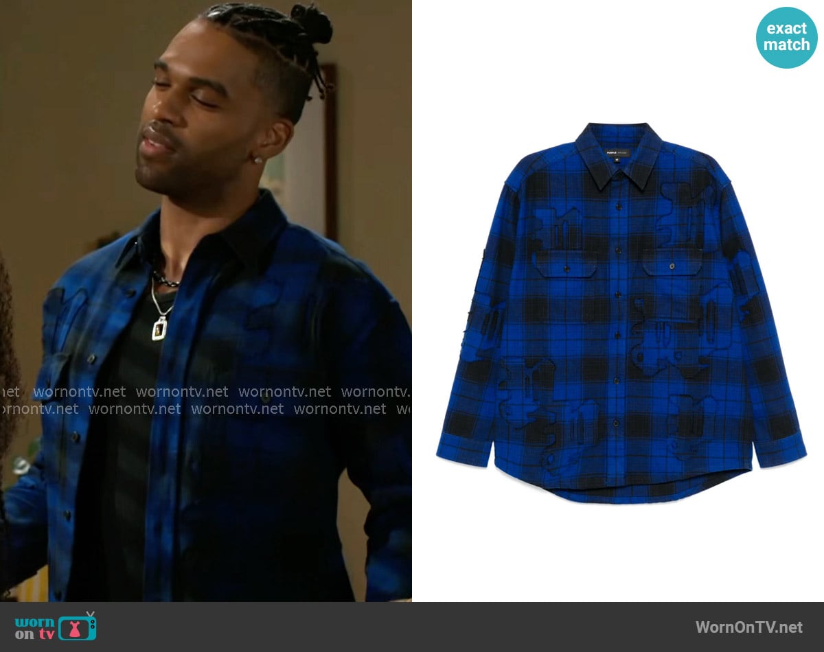 Purple Brand Gothic P flannel shirt worn by Izaiah Hawthorne (David Lami Friebe) on Beyond the Gates