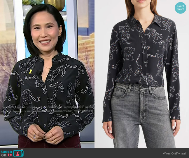 Rails Kate Silk Button-Up Shirt in Black Jaguars worn by Vicky Nguyen on Today