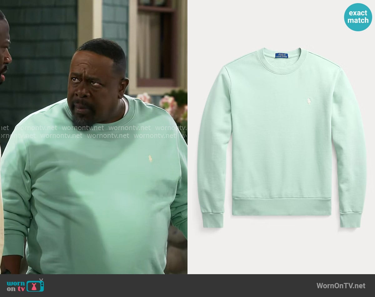 Ralph Lauren Loopback Fleece Sweatshirt in Celadon worn by Calvin (Cedric The Entertainer) on The Neighborhood