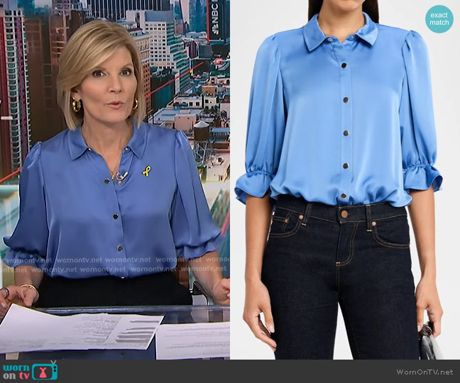 Ramy Brook Dina Satin Bodysuit in Cornflower blue worn by Kate Snow on NBC News Daily