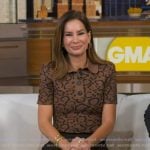 Rebecca’s brown leopard polo top on Good Morning America Rebecca’s brown leopard polo top on Good Morning America
