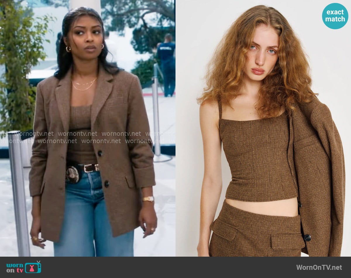 Reformation Hattie Top in Brown Check worn by Daphne (Javicia Leslie) on High Potential
