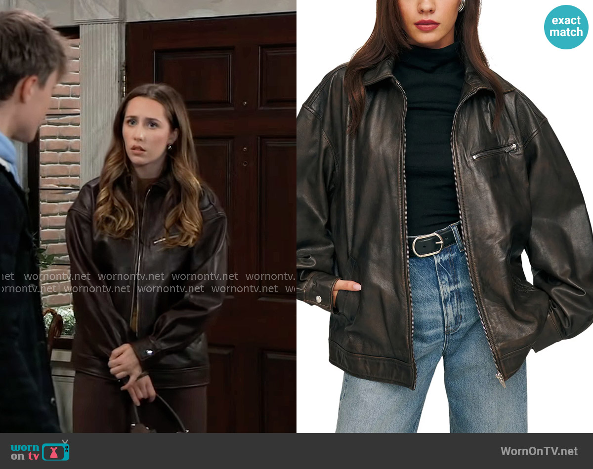 Reformation Veda Marco Leather Oversized Bomber worn by Josslyn Jacks (Eden McCoy) on General Hospital