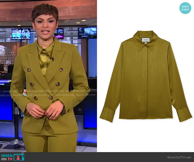 Reiss Ameira Silk Satin Button-Up Shirt in Light Green worn by Jericka Duncan on CBS Evening News