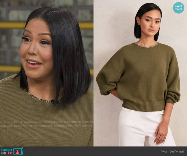 Reiss Nadia Necklace-Trim Jumper in Sage Green worn by Stephanie Ramos on Good Morning America