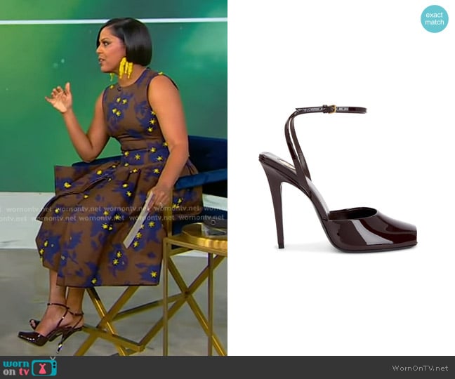 Saint Laurent Orhand Peep Toe Pump in Marron Glace worn by Tamron Hall on Tamron Hall Show
