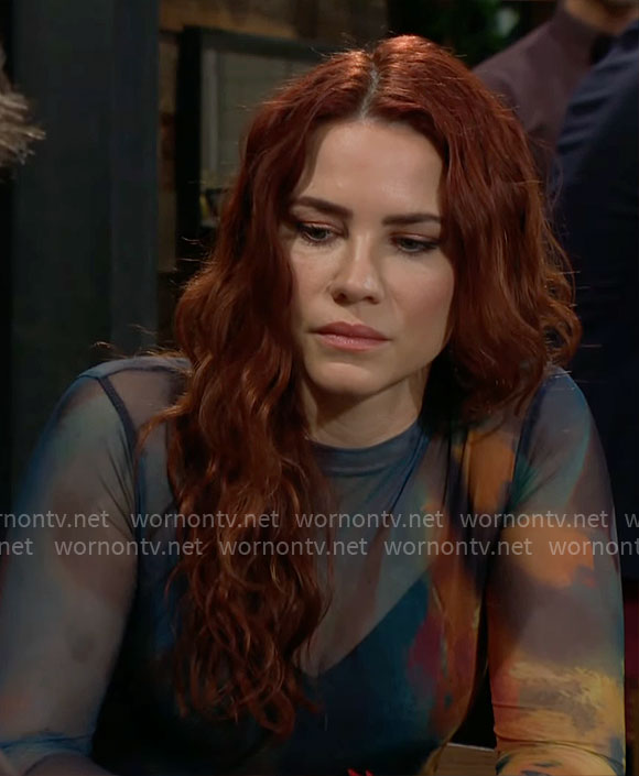 Sally’s teal printed mesh top on The Young and the Restless