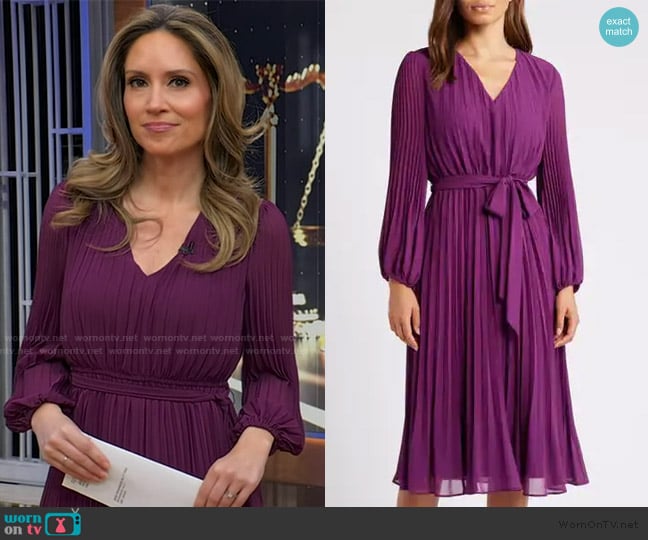 Sam Edelman Pleated Long Sleeve Dress in Eggplant worn by Rhiannon Ally on Good Morning America