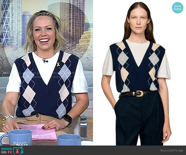 Sandro Argyle Layered Effect Sweater in Navy Blue worn by Dylan Dreyer on Today