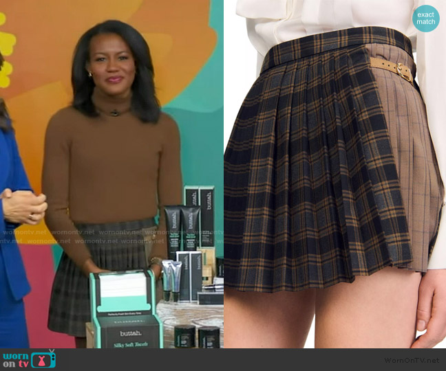 Sandro Check pattern pleated mini shirt worn by Janai Norman on Good Morning America