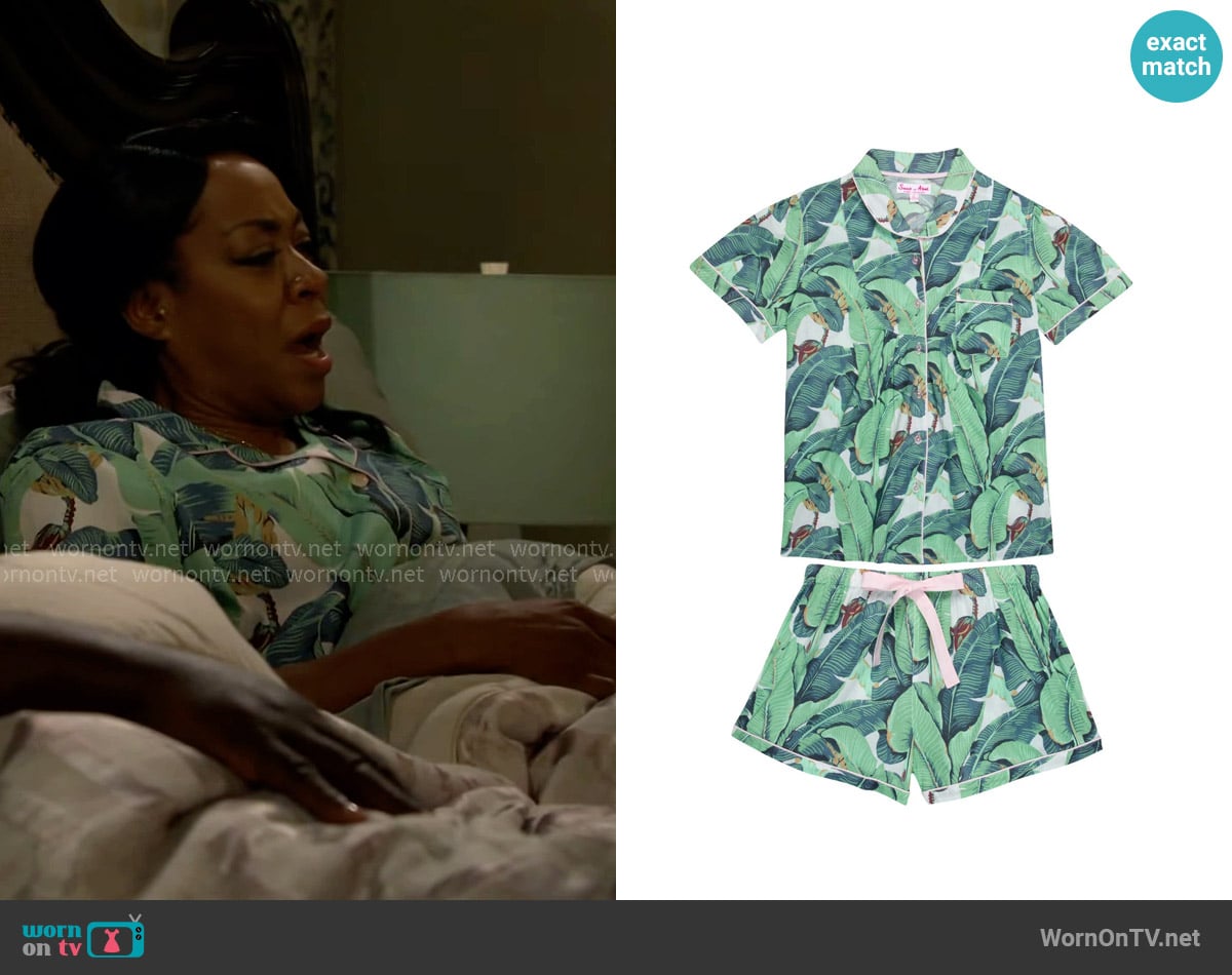 Sant and Abel Short Sleeve & Boxer Set in  Martinique Banana Leaf worn by Tina Butler (Tichina Arnold) on The Neighborhood