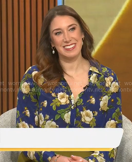 Sarah Gelman’s blue rose print blouse on CBS Mornings