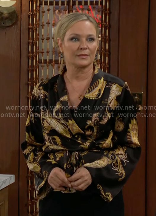Sharon’s black and yellow paisley print wrap blouse on The Young and the Restless
