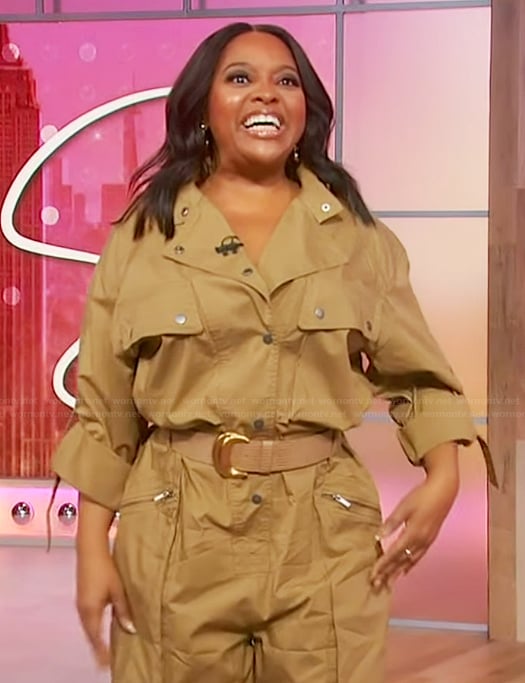 Sherri’s khaki utility jumpsuit on Sherri