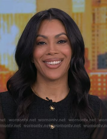 Shirleen’s black mesh sleeve tweed dress on Good Morning America