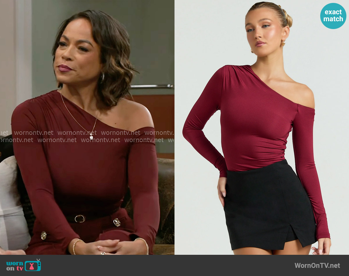 Showpo Clarence Top in Wine worn by Nicole Dupree Richardson (Daphnee Duplaix) on Beyond the Gates