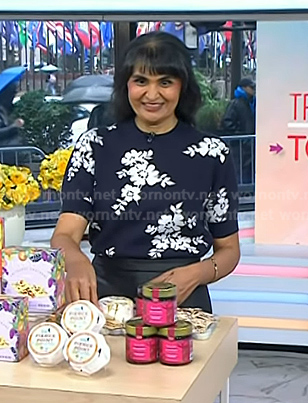 Sonal Dutt’s navy floral print short sleeve sweater on Today