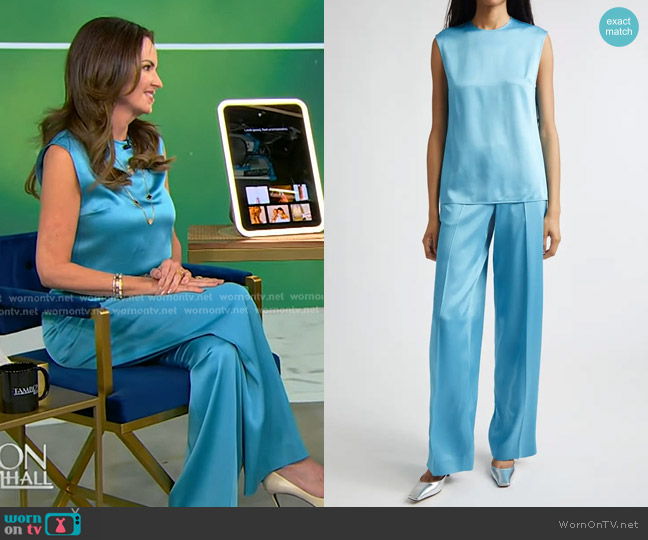 Stella McCartney Sleeveless Crepe Back Satin Top in Steel Blue worn by Colby Mitchell on Tamron Hall Show