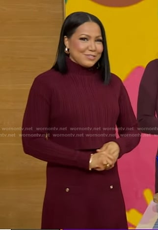Stephanie’s burgundy sweater and mini skirt on Good Morning America