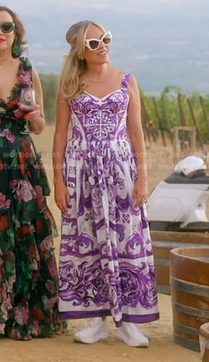 Sutton’s white and purple print dress on The Real Housewives of Beverly Hills