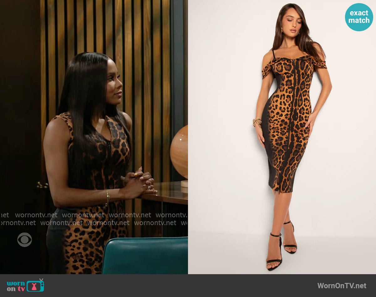 TA3 Corsety Off Shoulder Pencil Dress in Ombre Symmetric Leopard worn by Hayley Lawson (Marquita Goings) on Beyond the Gates