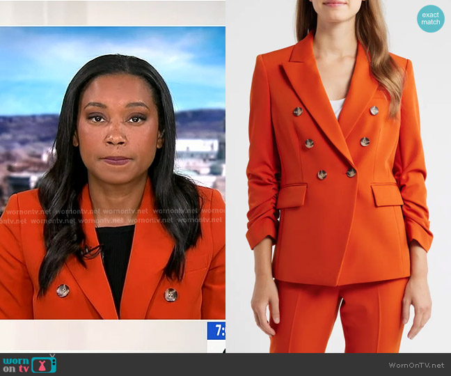 Tahari ASL Ruched Sleeve Jacket in Persimmon worn by Rachel Scott on Good Morning America