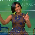 Tamron’s brown floral asymmetric dress on Tamron Hall Show