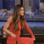 Taylor Paul’s red one sleeve ruched dress on Live with Kelly and Mark