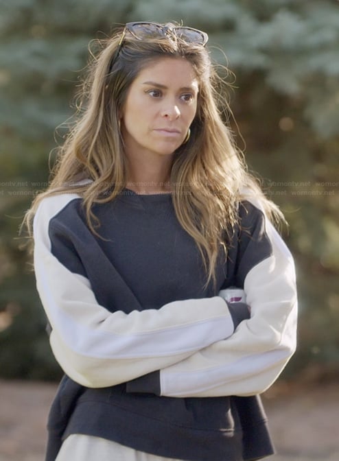 Taylor’s black colorblock sweatshirt on The Secret Lives of Mormon Wives
