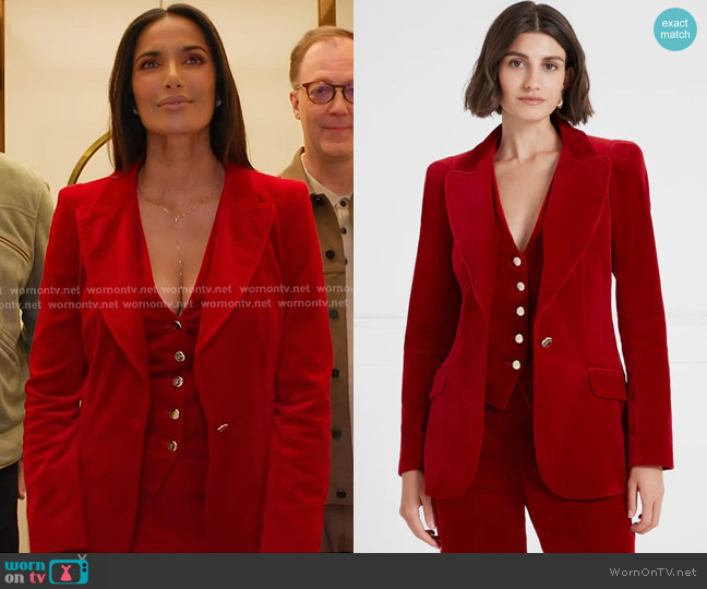 Temperley London Clove Velvet Waistcoat in Scarlet worn by Padma Lakshmi on Americas Culinary Cup