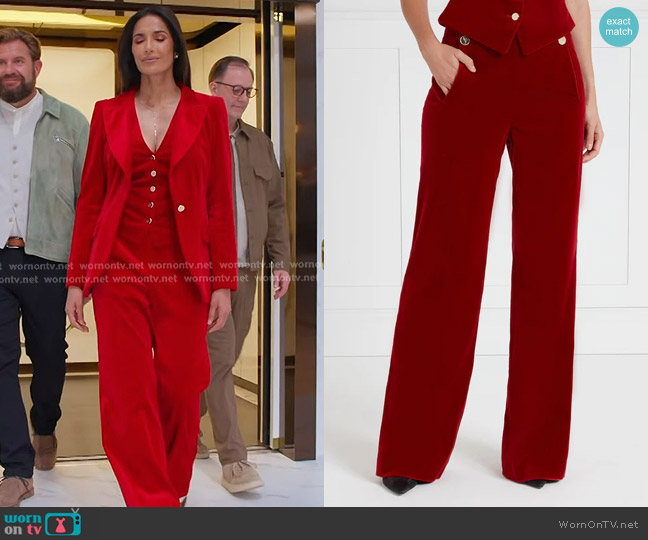 Temperley London Clove Velvet Waisted Trousers in Scarlet worn by Padma Lakshmi on Americas Culinary Cup