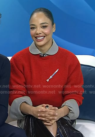 Tessa Thompson’s red sweater and patent leather skirt on Today
