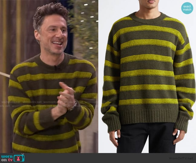 The Elder Statesman Ridgeline Stripe Oversize Cashmere Sweater worn by Zach Braff on Live with Kelly and Mark