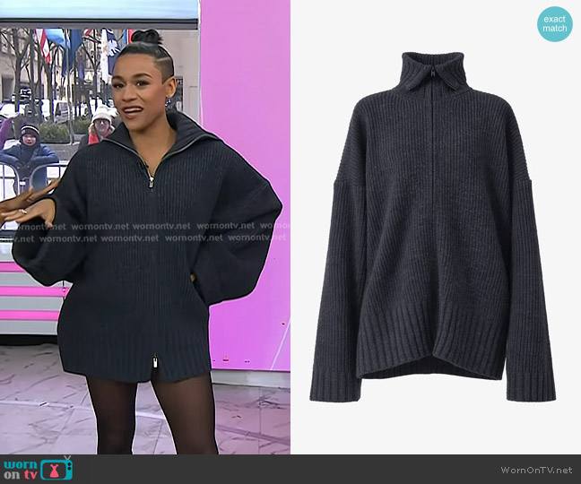 The Frankie Shop Saclay Oversized Zip-Up Cardigan in Charcoal worn by Ariana DeBose on Today