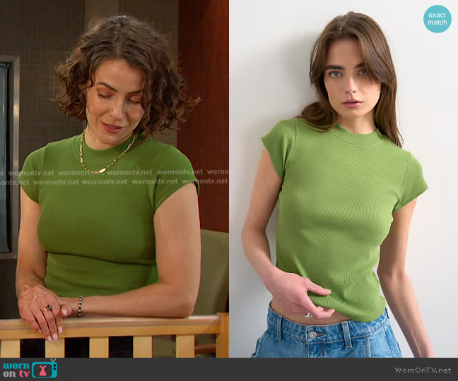 Topshop Rib Knit Fitted Curve Hem Tee in green worn by Sarah Horton (Linsey Godfrey) on Days of our Lives