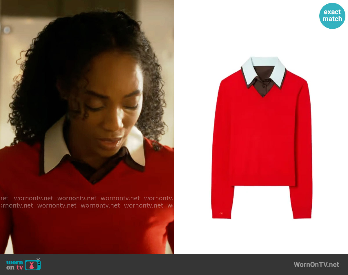 Tory Burch Layered Merino Wool Sweater in fiery red/ frozen blue worn by Faith Mitchell (Iantha Richardson) on Will Trent