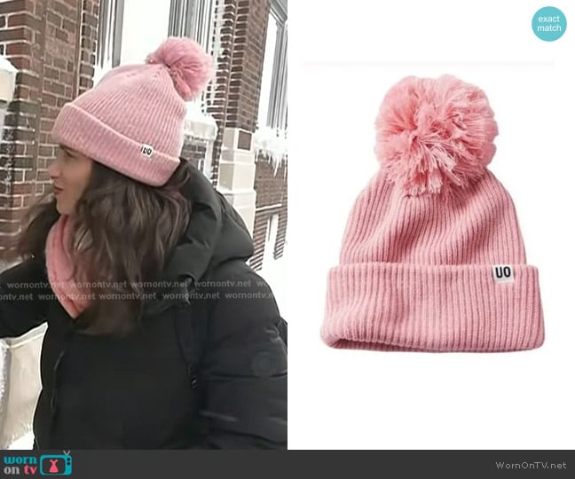 Urban Outfitters Ribbed Pompom Beanie in Pink worn by Angie Lassman on Today