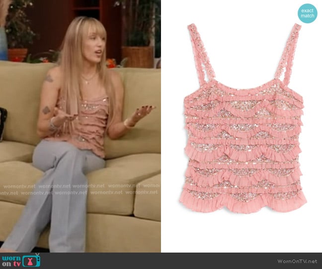 Valentino Silk Embellished Frilled Top worn by Miley Cyrus on Good Morning America