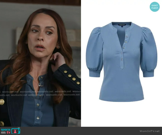 Veronica Beard Coralee Puff Sleeve Top in Slate Blue worn by Maddie Kendall (Jennifer Love Hewitt) on 9-1-1