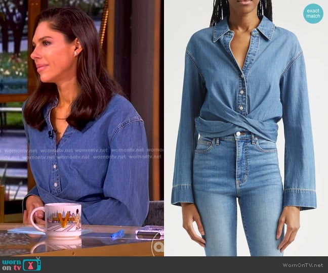 Veronica Beard Timothy Crop Twist Button-Up Denim Shirt worn by Abby Huntsman on The View