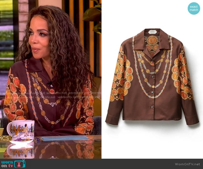 Versace Printed Silk Twill Shirt in Chocolate Amber worn by Sunny Hostin on The View