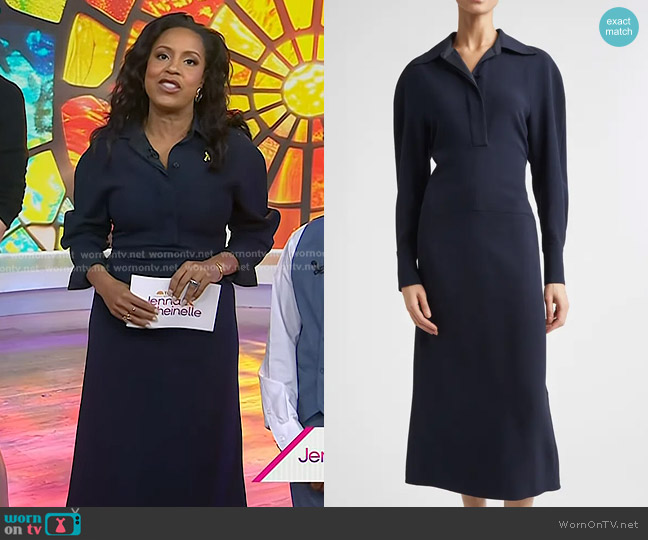 Victoria Beckham Long Sleeve Polo Midi Dress in Navy worn by Sheinelle Jones on Today
