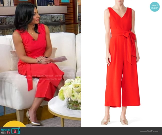 Vince Camuto Sleeveless V-neck Belted Poly Base Jumpsuit worn by Dr. Tara Narula on Good Morning America