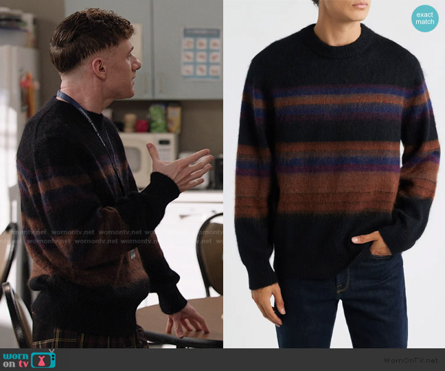 Wax London Wilde Brush Stripe Wool Blend Crewneck Sweater worn by Jacob Hill (Chris Perfetti) on Abbott Elementary