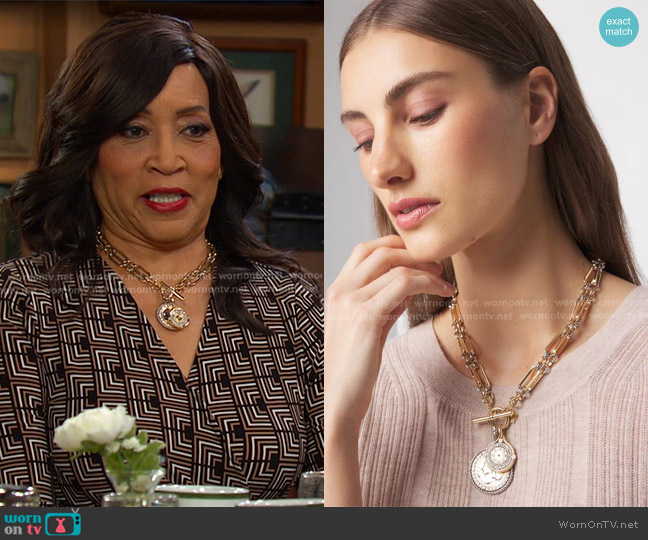 White House Black Market Mixed-Metal Convertible Toggle Coin Necklace worn by Paulina Price (Jackée Harry) on Days of our Lives