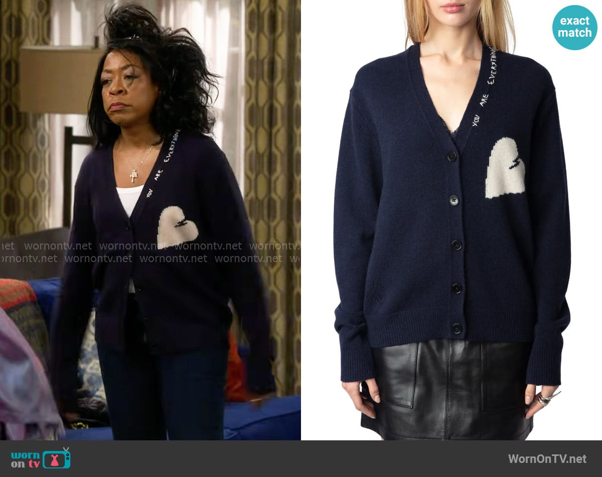 Zadig & Voltaire Travia You Are Everything Heart Cashmere Cardigan worn by Tina Butler (Tichina Arnold) on The Neighborhood