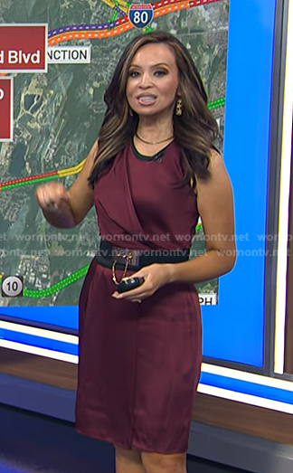 Adelle’s wine red draped satin dress on Today