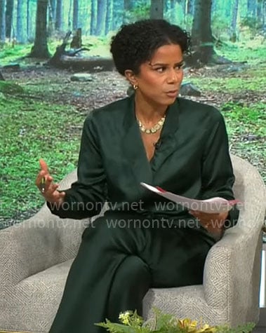 Adriana Diaz’s dark green satin suit on CBS Mornings