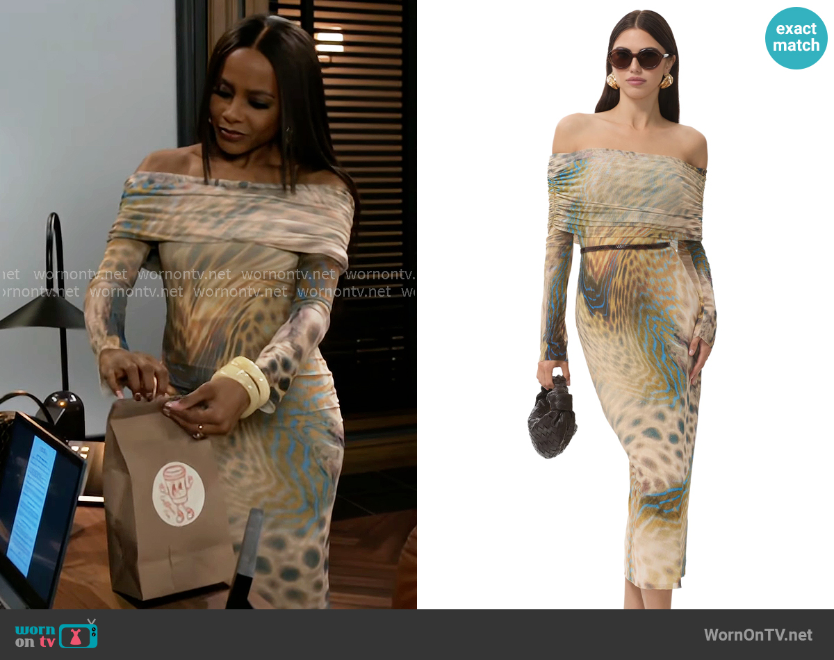 AFRM Cornelia Dress in Fish Scale Swirl worn by Hayley Lawson (Marquita Goings) on Beyond the Gates
